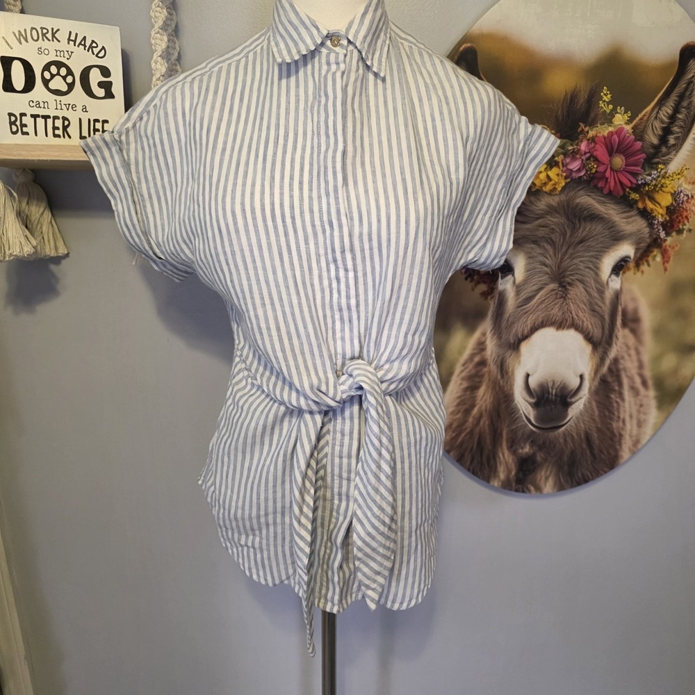 Ralph Lauren Striped Tie Front Linen Shirt Size XXS Roll Cuff Romantic Coquette